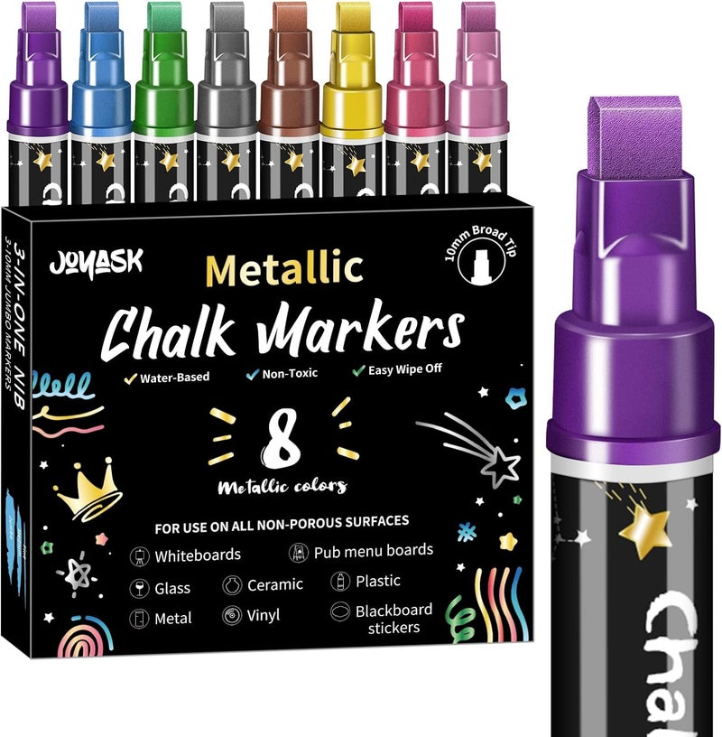 Joyask Liquid Chalk Markers for Blackboard, 8 Metallic Colors Washable Window Markers, 10mm 3-in-1 Jumbo Wide Tip, Dry Erase Marker Pens for Chalkboard, Car Window Paint Pens for Christmas Glass Decoration - Image 1